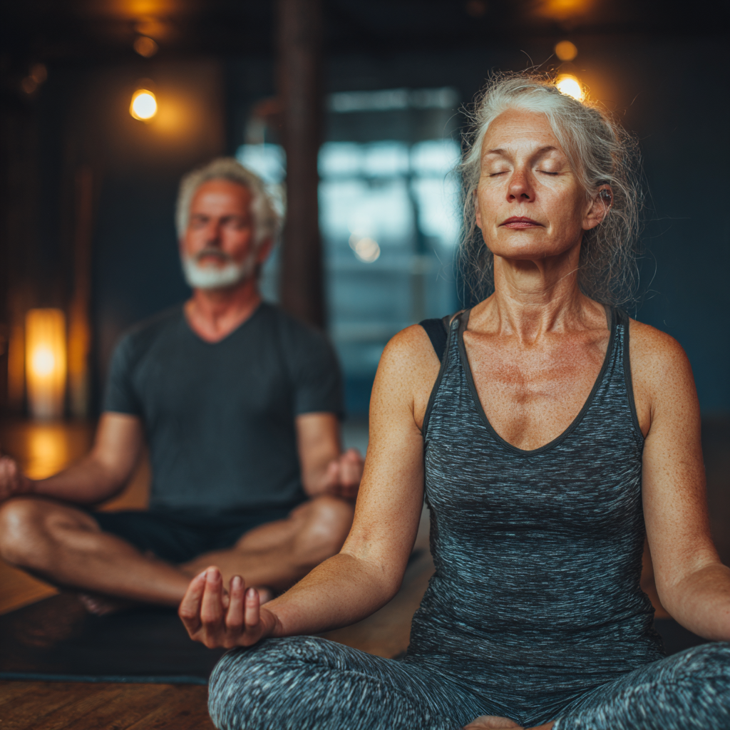 Mature adults practicing yoga in serene studio environment