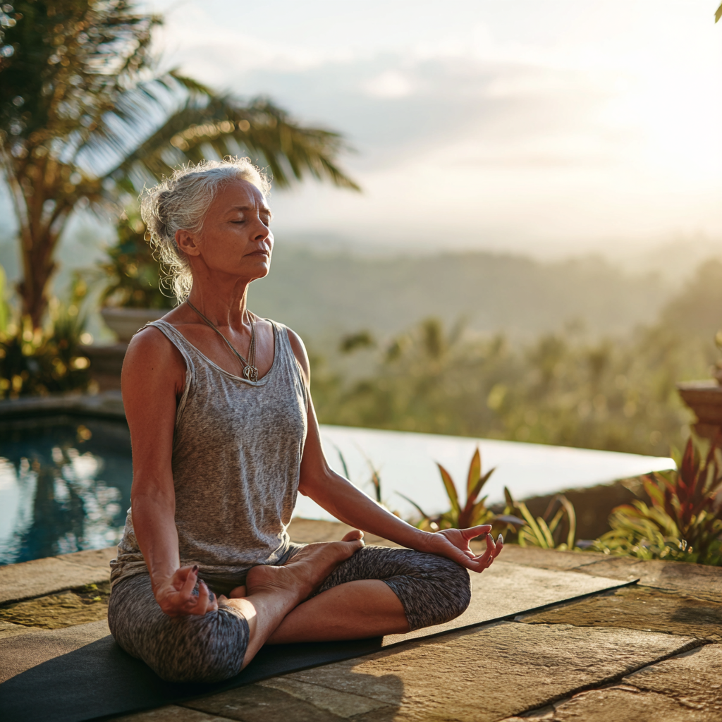 Middle-aged woman practicing yoga in peaceful natural setting